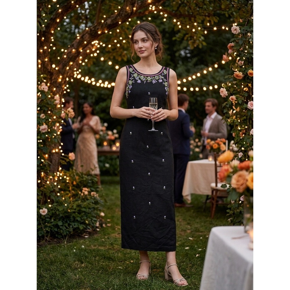 Ultra Dress New York Black Linen Blend Floral Embroidered Maxi Dress Size 8
